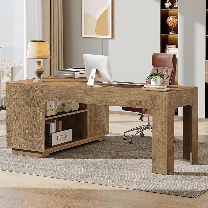 Tribesigns L-Shaped Desk with Storage Cabinet, 59-Inch Farmhouse Corner Computer Desk with Open Storage Shelves, Home Office, Gaming, Reading, Study, Brown