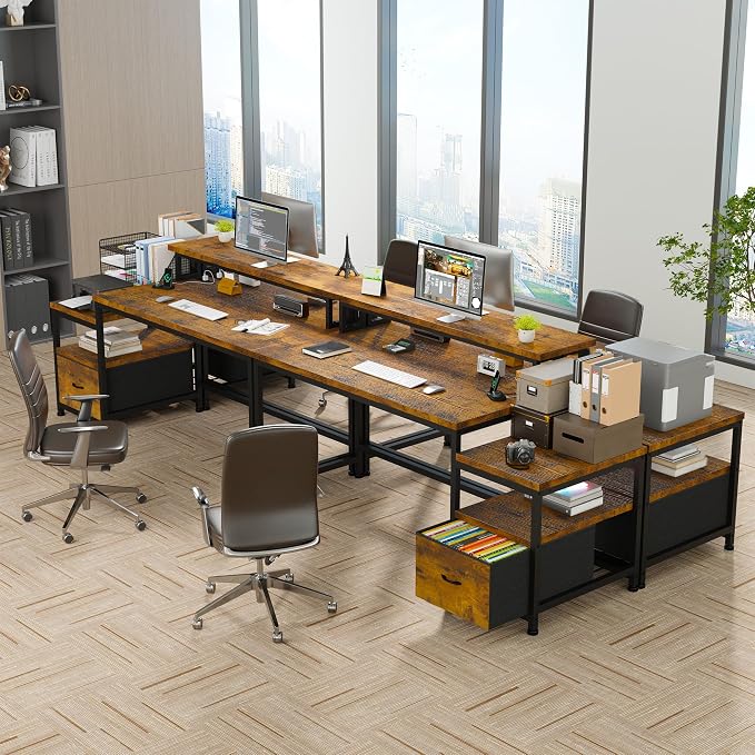 EnHomee 56.5" Office Desk with Drawers and Printer Space,Computer Desk with Power Outlets,Home Office Desks with File Drawers Cabinet,Study and Gaming Desk with Shelves Monitor Stand,Rustic Brown