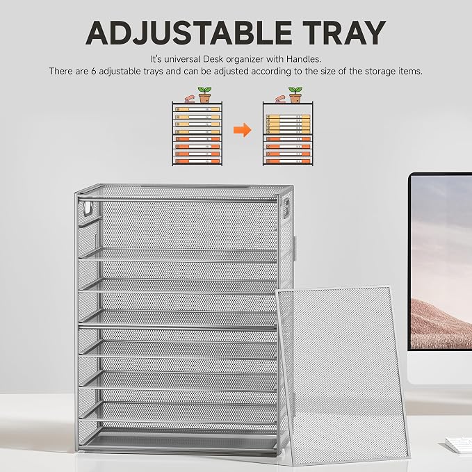 SUBEKYU 9 Tier Paper Organizer for Desk - Metal Mesh Letter Tray File Paper Sorter Organizer Include 6 Pcs Adjustable Height Slid Tray with Handles for Office School Home Organization Storage, Silver