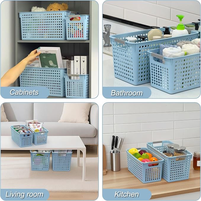 Soddeph Slim Plastic Storage Basket with Handles, Narrow Organizer box for Shelves, Organizer box for Organizing, Kitchen,Home,Office (Blue, Large)