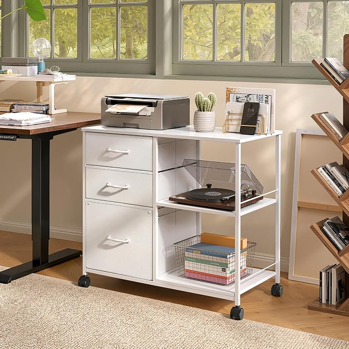 DEVAISE 3 Drawer Mobile File Cabinet, Rolling Printer Stand with Open Storage Shelf, Fabric Lateral Filing Cabinet fits A4 or Letter Size for Home Office, White