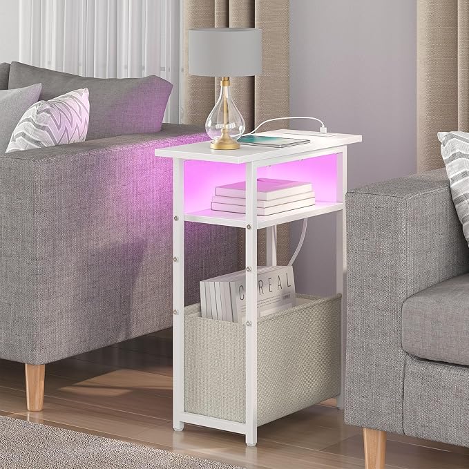 sthmec Narrow Side Table with Charging Station, LED End Table for Small Spaces, White Skinny Nightstands with Storage Basket, 3 Tier Sofa Bedside Tables for Living Room,Bedroom, White