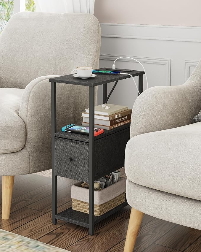 TUTOTAK Small Narrow End Table with Charging Station, Set of 2, Side Table with Outlets, Nightstand with Cloth Drawer, Couch Table, for Living Room, Bedroom, Bedside, Black TB01BK058