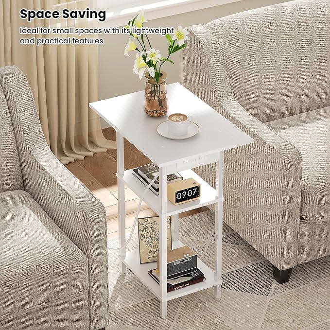 Asgolion Tall Side Table with Charging Station, Skinny End Table Nightstand with USB Ports and Outlets, 3 Tier Narrow Side Table with Storage for Bedroom, Living Room, Office, Nursery, White