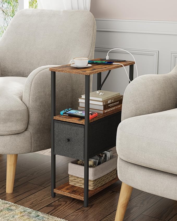 TUTOTAK Small Narrow End Table with Charging Station, Set of 2, Side Table with Outlets, Nightstand with Cloth Drawer, Couch Table, for Living Room, Bedroom, Bedside, Brown and Black TB01BB058K