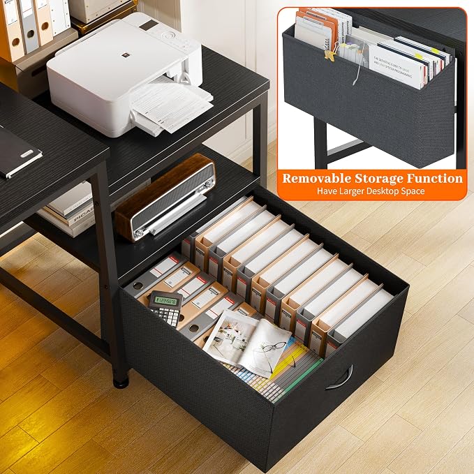 EnHomee 56.5" Black Computer Desk with File Drawers and Printer Space,Office Desk with Power Outlets and Monitor Stand,Gaming Desk,Study Desk, Writing Desk, Bedroom Desk