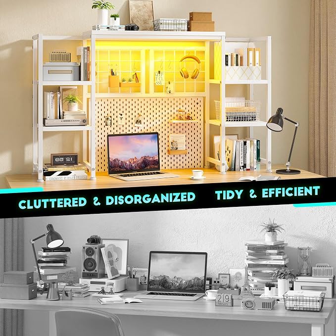 REIBII Desk Shelf with LED Light Strip,Adjustable 45.1" Desk Hutch Dorm with 5 Tier Display Shelf Rack,Desktop Bookshelf with Grid Panel & Hooks for Home, Office and Dorm, White