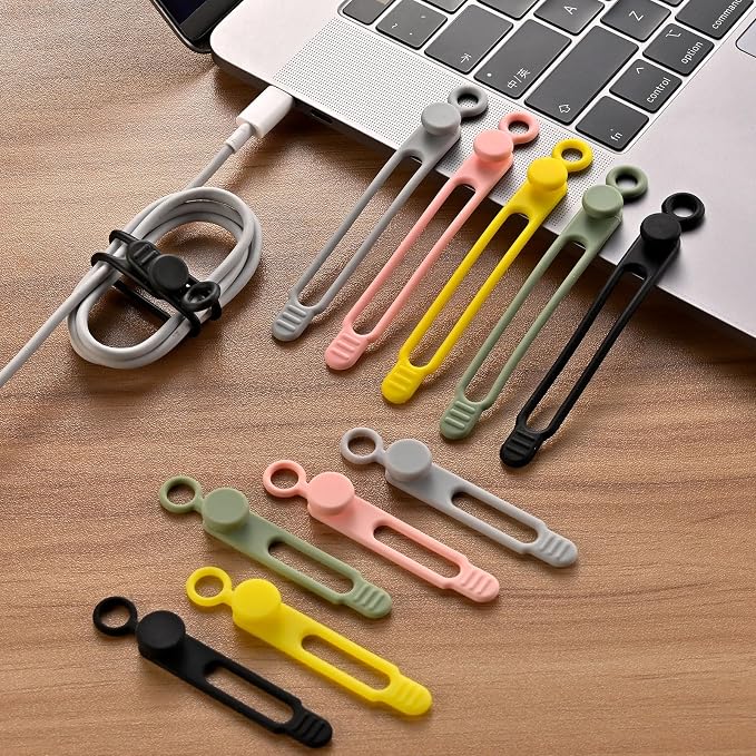 10Pcs Reusable Silicone Cable Ties – Adjustable Cord Organizer with Locking Buckle, Elastic Cable Straps for Earphones, Chargers, PC Wires – Colorful Wire Wraps for Home, Office, Travel