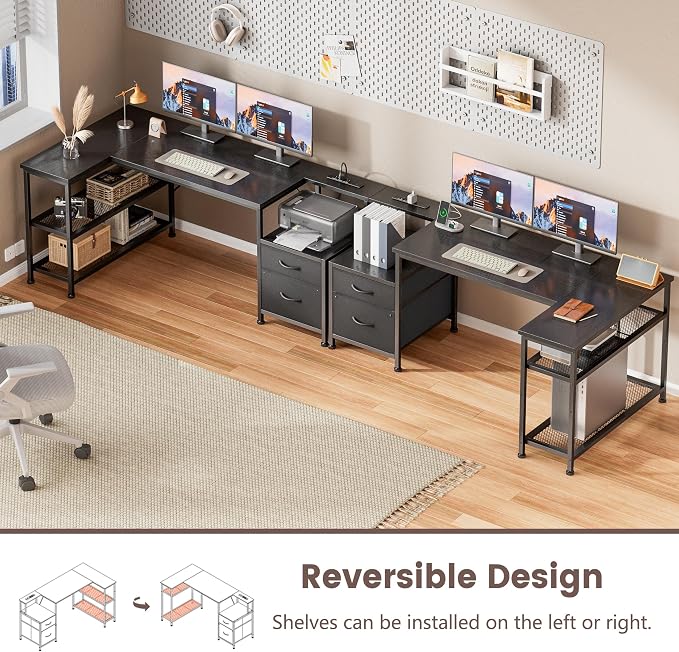 Furologee 57 Inch L Shaped Computer Desk with Power Outlets, Reversible Home Office Desk with Fabric Drawers, File Cabinet, Printer Table, Metal Storage Shelves, Corner Desk for Small Space, Black