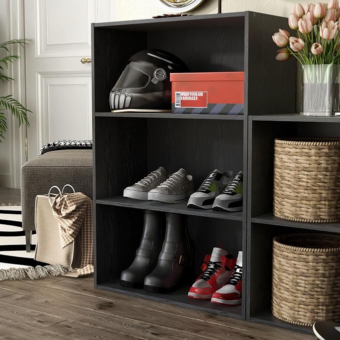 Homes: Inside + Out Apexa 3-Tier Cube Storage Organizer Shelves, Stackable Wood Bookcase Fits Cubby Bins for Organization, Dorm Teen Room Decor & Home Office, Black
