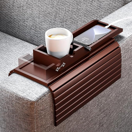 Bestjing Bamboo Couch Armrest Table, Sofa Arm Tray with Detachable Couch Cup Holder- 2 in 1 Anti-Slip Foldable Sofa Armchair Caddy Table for Drinks Cellphone TV Remote Snacks (Walnut)