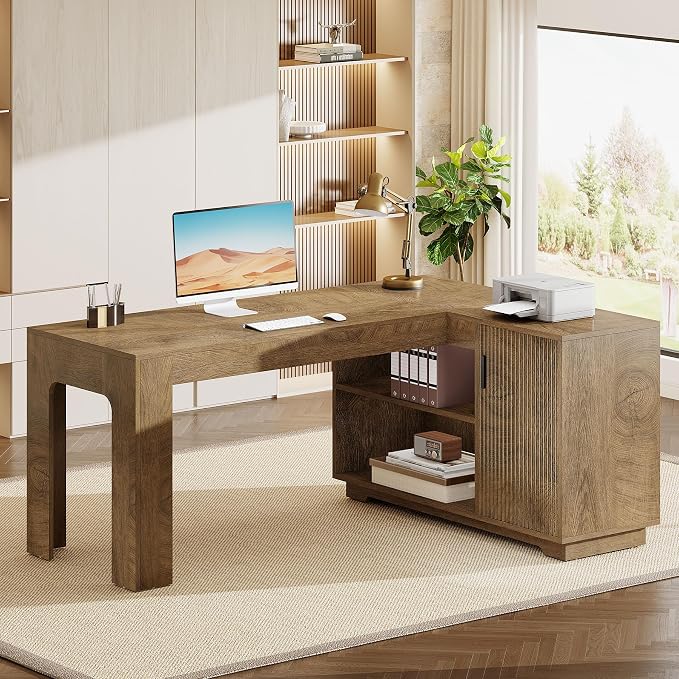 Tribesigns L-Shaped Desk with Storage Cabinet, 59-Inch Farmhouse Corner Computer Desk with Open Storage Shelves, Home Office, Gaming, Reading, Study, Brown