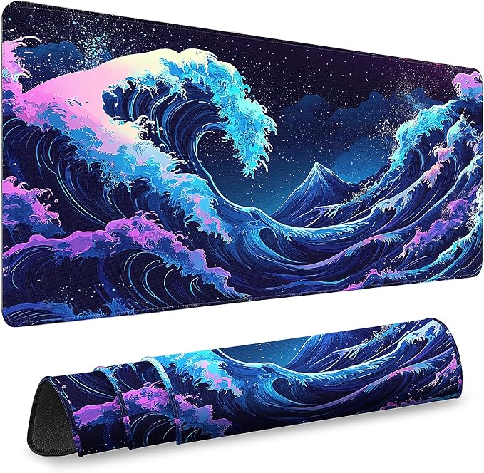Gaming Desk Mat with Silky Smooth Surface & Exquisite Patterns,31.5x11.8 Inches Large-Sized Mouse Pad, Perfect for Extended Gaming,Work,and Home Office Decor (Japanese Waves 2)