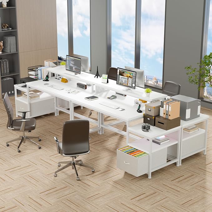 EnHomee 56.5" Office Desk with Drawers and Printer Space,Computer Desk with Power Outlets,Home Office Desks with File Drawers Cabinet,Study Writing and Gaming Desk with Shelves Monitor Stand,White