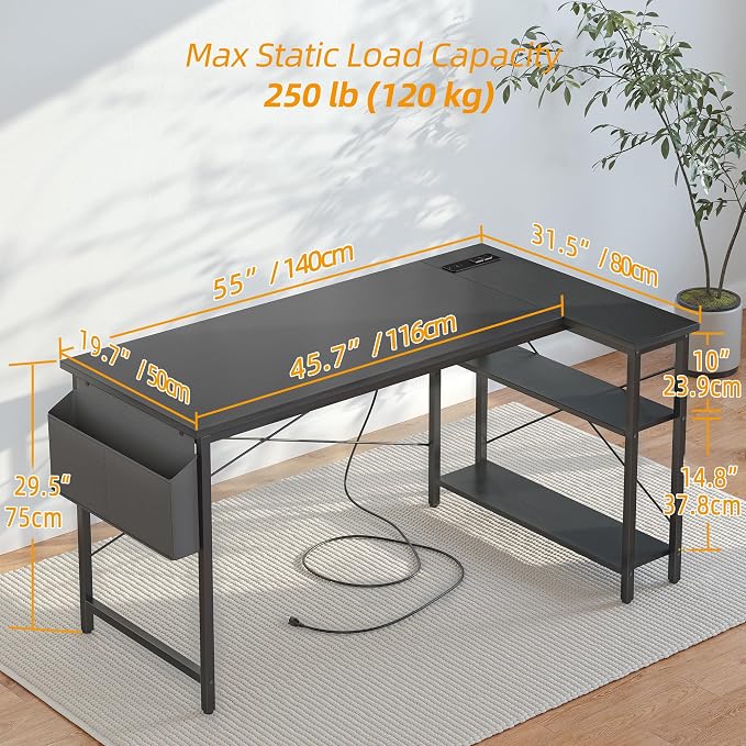 TIQLAB L Shaped Computer Desk with Power Outlets, 55 Inch Small Corner Desk with Reversible Shelves, Gaming Desk Computer Table Study Writing Table for Home Office Bedroom Small Space, Black