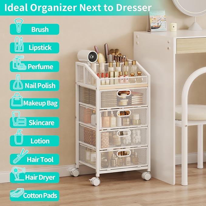 HapiRm Rolling Makeup Cart Organizer - Under Desk Makeup Storage with Wheels, Floor Make up Cart Skincare Organizers Desk Vanity Storage Organizer Cabinet for Cosmetics Makeup Brush Hair Tool, White