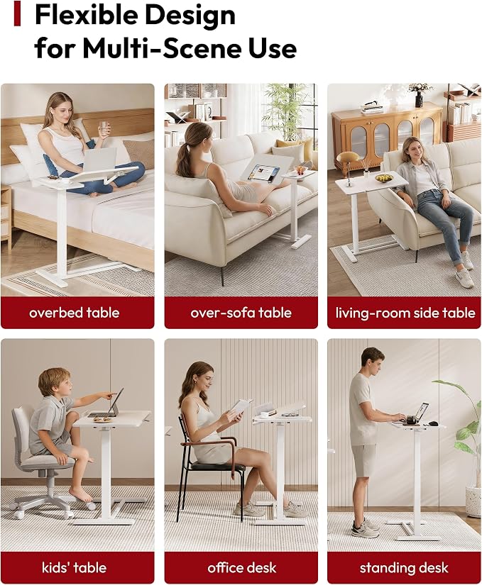 SANODESK Small Rolling Overbed Table Adjustable Height with Wheels, Mobile Laptop Desk with Tilting Desktop, Portable Computer Workstation for Home Office, Classroom, Bedside, White