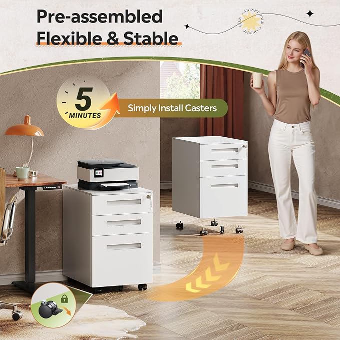 DEVAISE 3 Drawer File Cabinet with Lock, Under Desk Metal Filing Cabinet with Wheels for Home Office, Fits Letter/Legal/A4 Size, Fully Assembled Except Casters, White