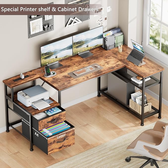 57 Inch L Shaped Computer Desk with Power Outlets, Reversible Home Office Desk with Fabric Drawers, File Cabinet, Printer Table, Metal Storage Shelves, Corner Desk for Small Space, Rusitc Brown