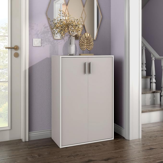 Homes: Inside + Out Apexa 3-Tier Stackable Wood Bookcase with Doors, Cube Storage Organizer Shelves, Small Food Pantry Cabinet, Dorm Teen Room Decor & Bedroom, Home Office, Kitchen, Taupe Grey