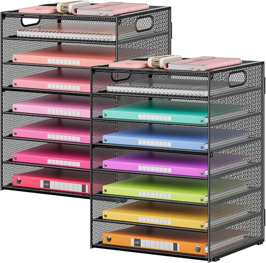 Lavatino 2 Pack 8-Tier Office Desk File Organizer, Letter Tray Paper Organizer with Handle, Including 5 Adjustable Slide Trays for Organizing Desktop Workspace Accessories and Supplies (Black Mesh)