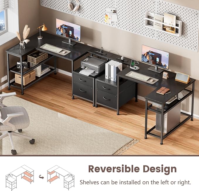 Furologee 49" L Shaped Computer Desk with Power Outlets, Reversible Home Office Desk with Fabric Drawers, File Cabinet, Printer Table, Metal Storage Shelves, Corner Desk for Small Space, Black