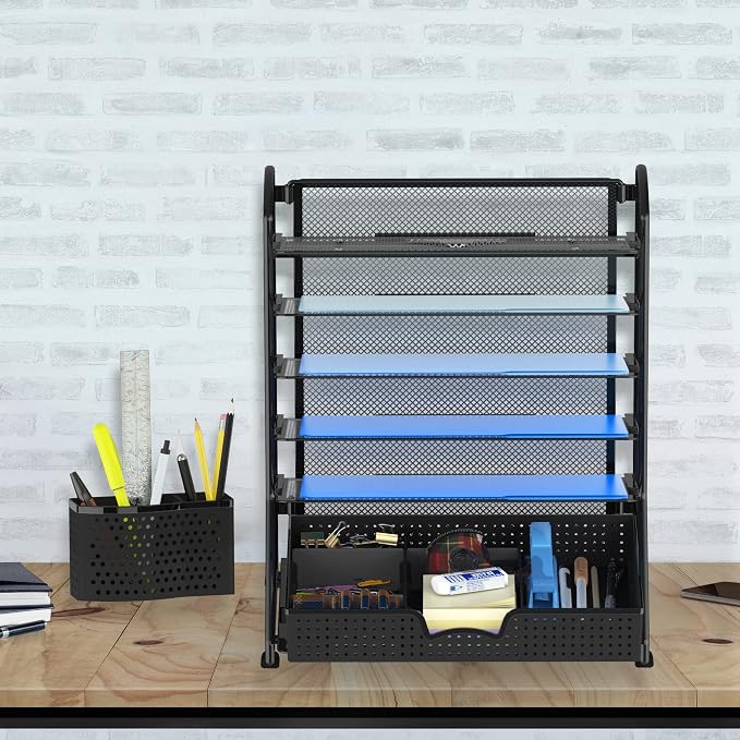Simple Houseware 6-Tier Desk Document File Tray Organizer with Supplies Sliding Drawer, Black