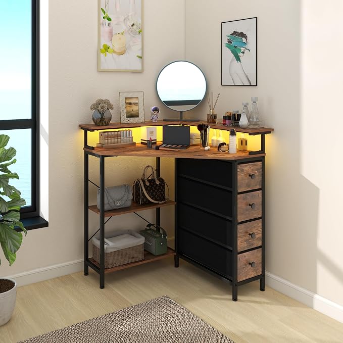 VENNQD Corner Desk with Drawers Shelves for Small Space 90 Degrees Triangle Computer Desk with Power Outlets,Gaming Desk with LED Lights Monitor Stand for Home Office Workstation Writing Table (Brown)