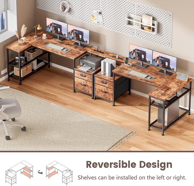 57 Inch L Shaped Computer Desk with Power Outlets, Reversible Home Office Desk with Fabric Drawers, File Cabinet, Printer Table, Metal Storage Shelves, Corner Desk for Small Space, Rusitc Brown