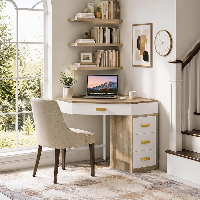 Tribesigns Corner Desk with 4-Drawer Storage,Triangle Computer Desk,Vanity Station,Study Nook for Small Space,Home Office,Bedroom,Living Room,White&Gray