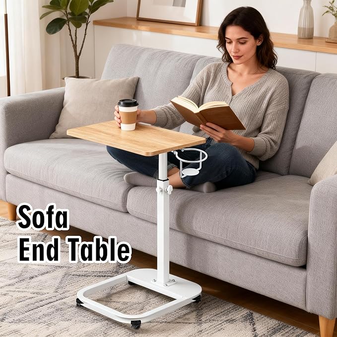 facka Adjustable C-Shaped End Table for Couch & Bed, Adjustable Height TV Tray, Stable Laptop Desk, Space-Saving Snack Side Table with Rounded Metal Corners