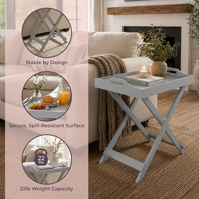 Lavish Home Folding TV Tray Table - Contemporary Side Table with Removable Tray Top for Food Serving, Meals, or Decor in Living Room, Bedroom, or Home Office (Gray)