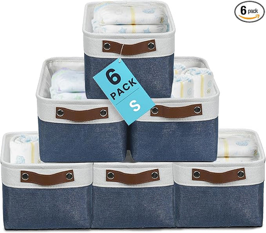 OrganiHaus 12x8in Canvas Storage Baskets 6 Pack | SMALL Fabric Bins for Shelves | Pantry & Bathroom Organizer | Navy Blue/Off-White