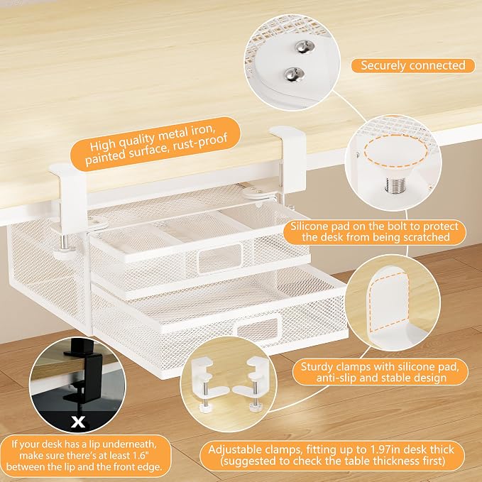Sliding Under Desk Drawer Organizer No Drilling 2 Drawers Slide Out Desktop Or Under Table Storage Metal Clamp On Desk Drawer Attachment Small Desktop Organizer for Home & Office, White