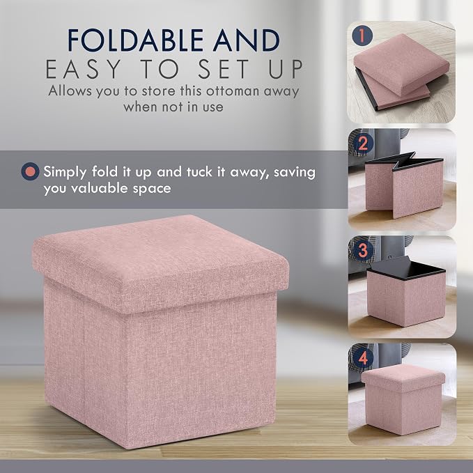 Ornavo Home Small Storage Ottoman Foldable Collapsible Cube Square Linen Ottoman Foot Rest Stool Seat, for Living Room, Bedroom, Home Office, Dorm - 12 x 12 x 12, Pink