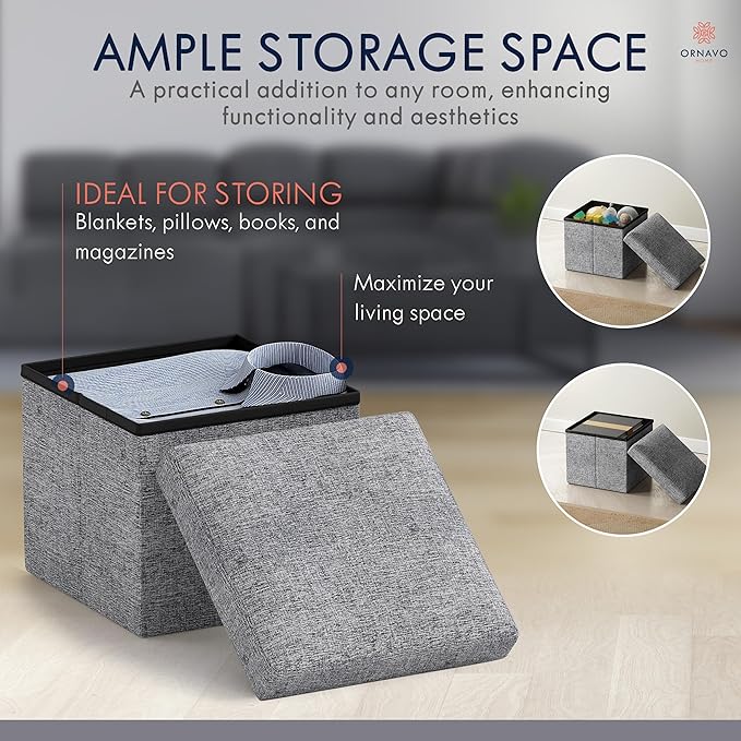 Ornavo Home Small Storage Ottoman, Set of 2 Foldable Collapsible Cube Square Linen Ottoman Foot Rest Stool Seat, for Living Room, Bedroom, Home Office, Dorm - 12 x 12 x 12, Gray