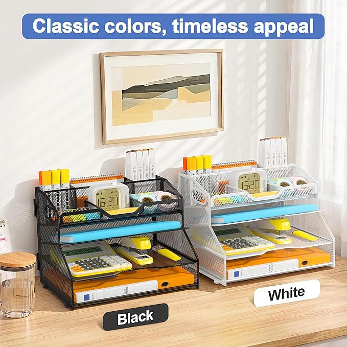 4 Tier Desk Orgnizers and Accessories, Metal Magazine File Holder with Pencil Holder and Handles, Space Saving Desktop Storage for School Office Supplies(Black)