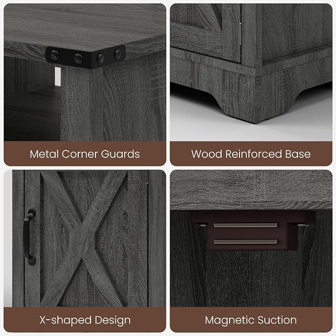 RoyalCraft 25" Tall Nightstand Set of 2, Farmhouse LED Nightstand with Charging Station, Wood End Table with Storage, Bedside Table for Bedroom, Dark Grey