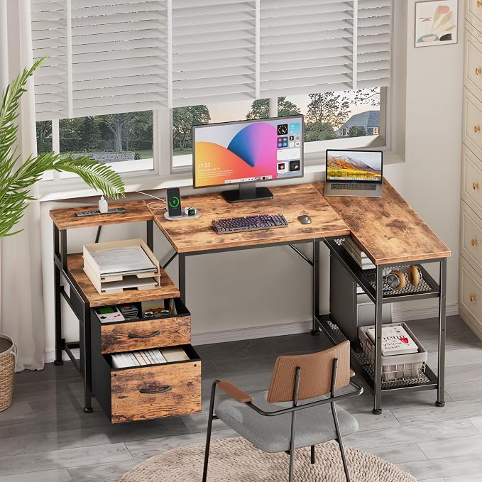 Furologee 49" L Shaped Computer Desk with Power Outlets, Reversible Home Office Desk with Fabric Drawers, File Cabinet, Printer Table, Metal Storage Shelves, Corner Desk for Small Space, Rusitc Brown