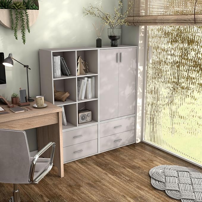 Homes: Inside + Out Apexa 3-Tier Stackable Wood Bookcase with Doors, Cube Storage Organizer Shelves, Small Food Pantry Cabinet, Dorm Teen Room Decor & Bedroom, Home Office, Kitchen, Taupe Grey