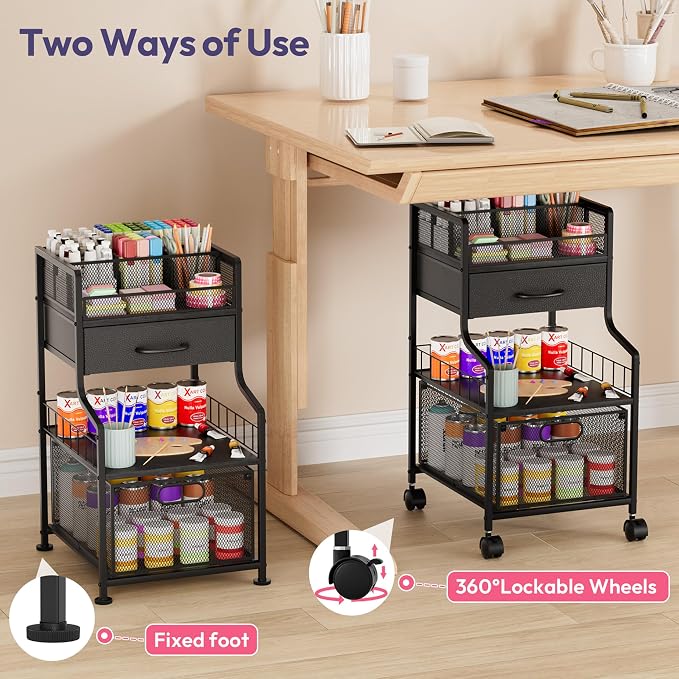 SWTYMIKI Under Desk Storage Cart- Art Storage Cart with Drawers & DIY Divider - Office Cart Organizer Under Desk Shelf, Craft Rolling Cart for Office, Craft Room & Studio Black