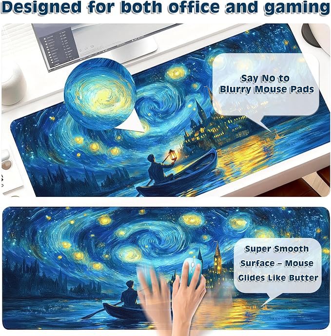 Gaming Desk Mat with Silky Smooth Surface & Exquisite Patterns,31.5x11.8 Inches Large-Sized Mouse Pad, Perfect for Extended Gaming,Work,and Home Office Decor (Van Gogh Oil Painting 1)