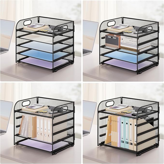 Paper Organizer Letter Tray with Handle Mesh 5 Trays Desk File Organizer Paper Sorter Desk Organizer for Office, Home or School-Black 2 Pack