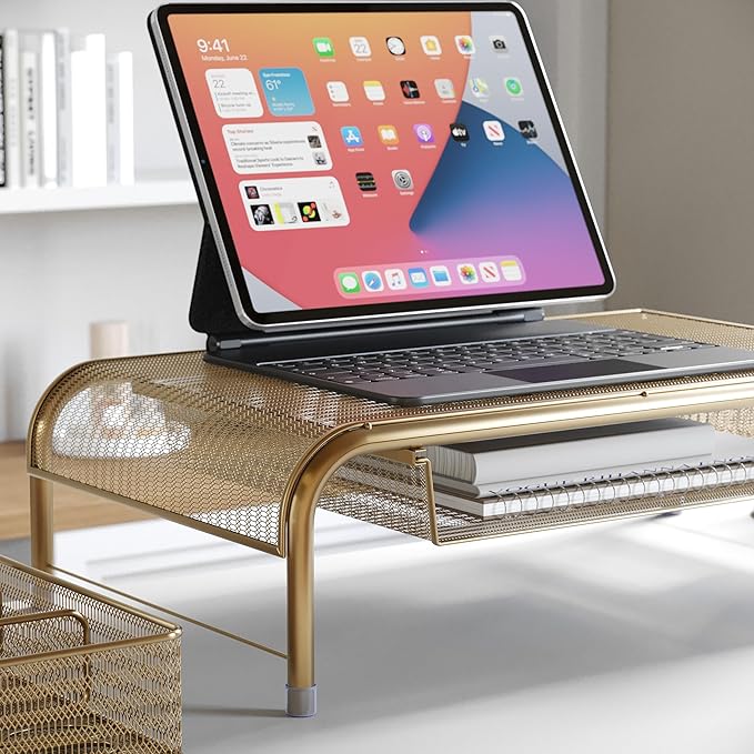 Martha Stewart Ryder Gold Mesh Metal Desktop Monitor Stand Riser with Organizer Drawer and Side Storage