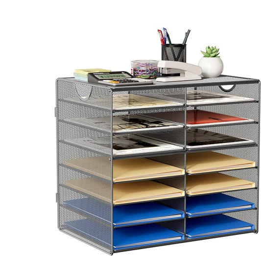 EasyPAG Paper Trays for Classroom 14 Tier Mesh Desk Organizer Shelves with Handle A4/Letter Size File Folder Organizer Shelf for Office, School, Home, Silver