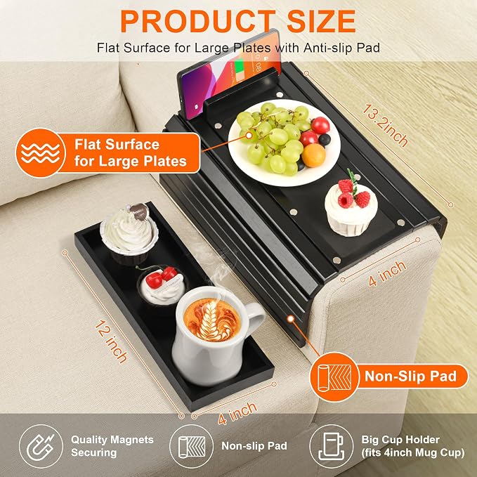 Joy&Grace Couch Arm Tray, 3-in-1 Magnetic Detachable Sofa Arm Table with Phone and Tablet Holder Bamboo Couch Cup Holder, Foldable Sofa Armrest Tray for Eating, Drinks, Phones (Black)