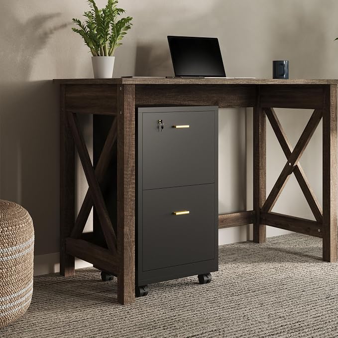 Lavish Home 2 Drawer File Cabinet - Filing Cabinet with Lock - Rolling File Cabinet for Under Desk Storage - Wood Filing Cabinet for Home or Office Organization (Black)