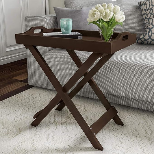 Lavish Home End Folding Modern Minimalist Wooden Contemporary Side Table, Multifunctional, Portable, Stylish Serving, Snack or Lap Tray, Suitable for Indoor and Outdoor Use - BROWN