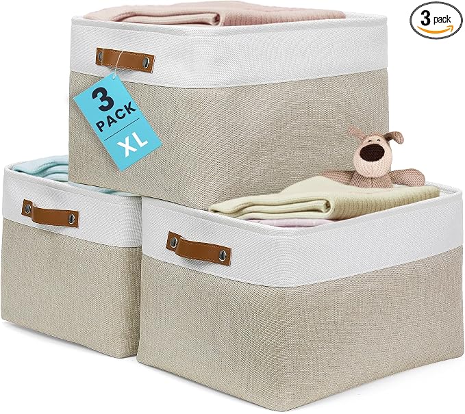 OrganiHaus 16x12.5in Canvas Storage Baskets 3 Pack | EXTRA LARGE Fabric Bins for Shelves | Linen Closet Organizer | Beige/Off-White