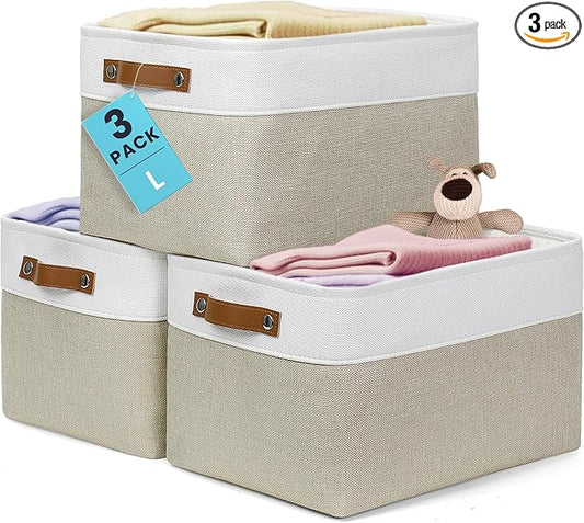 OrganiHaus 15x11in Canvas Storage Baskets 3 Pack | LARGE Fabric Bins for Shelves | Closet & Bedroom Storage | Beige/Off-White